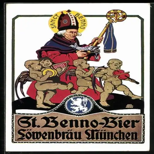 Künstler-AK Otto Obermeier, Reklame für St. Benno-Bier der Firma Löwenbräu in München, Sanct Benno mit Mitra, Engel
