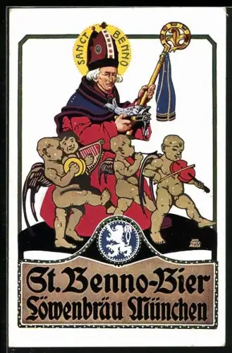 Künstler-AK Otto Obermeier, Reklame für St. Benno-Bier der Firma Löwenbräu in München, Sanct Benno mit Mitra, Engel