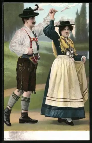 AK Paar in Trachten beim Tanzen
