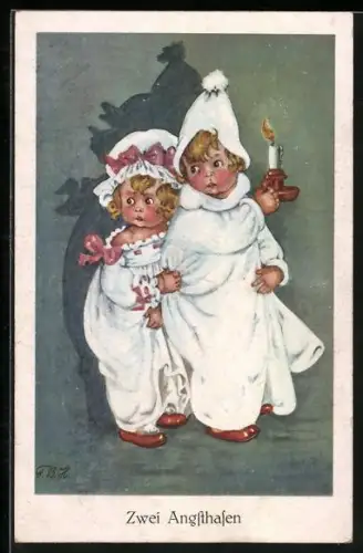 Künstler-AK zwei Kinder in Nachthemden fürchten sich im Dunkeln