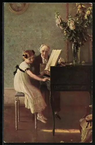 Künstler-AK Muenier: Klavierstunde eines jungen Mädchens
