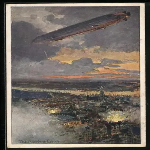 Künstler-AK Themistokles von Eckenbrecher: Deutscher Flotten-Verein, Zeppelin über Antwerpen