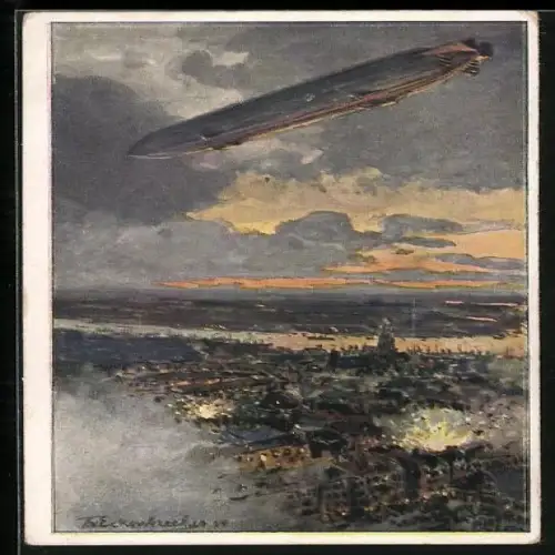 Künstler-AK Themistokles von Eckenbrecher: Deutscher Flotten-Verein, Zeppelin über Antwerpen