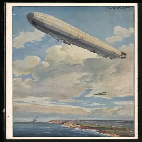 Künstler-AK Hans Rudolf Schulze: Luftschiff-Zeppelin über dem Meer