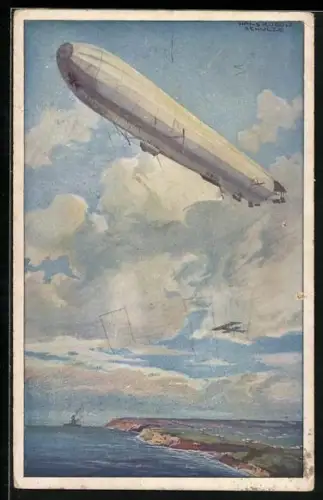 Künstler-AK Hans Rudolf Schulze: Luftschiff-Zeppelin über dem Meer