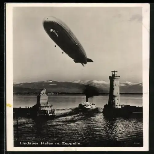 AK Lindau, Hafen mit Zeppelin, Leuchtturm