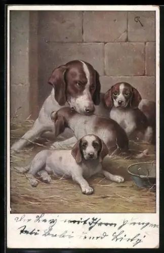 Künstler-AK Carl Reichert: Hundewelpen mit ihrer Mutter