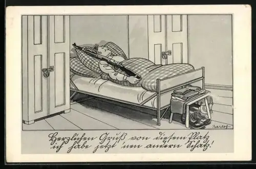 Künstler-AK Ferdinand Barlog: Soldat hat einen neuen Schatz, liegt im Bett mit Gewehr