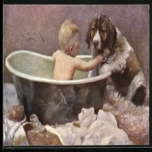AK Tierfreundschaft, Kleinkind in der Badewanne spielt mit einem Bernhardiner-Welpen