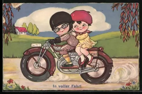 AK Zwei Kinder auf Motorrad unterwegs