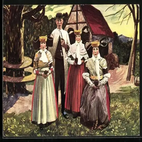 Künstler-AK Familie in Trachten aus der Umgebung von Minden und Porta