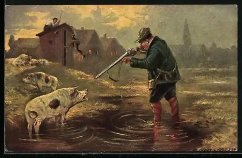 Künstler-AK sign. G. Graf: Sonntagsjäger legt auf ein Hausschwein an