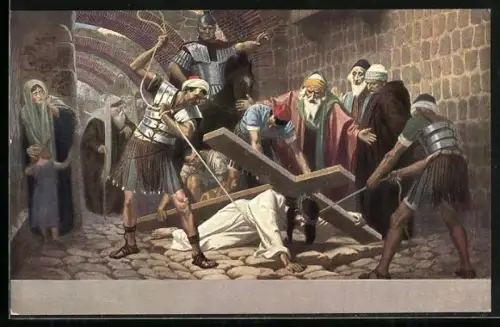 AK Serie: Kreuzwegstationen, Jesus bricht unter dem Kreuz zusammen