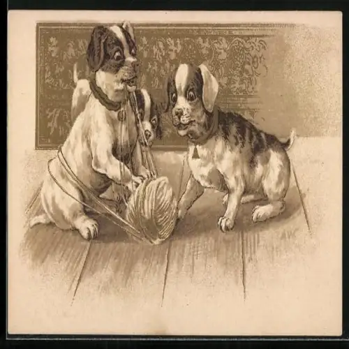 Lithographie Drei junge Hunde spielen mit einem Wollknäuel