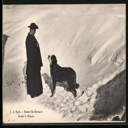AK Grand St. Bernard, Bernhardiner im Schnee mit seinem Herrchen