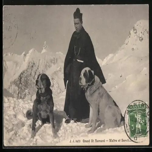 AK Grand St. Bernard, Maitre et Serviteurs, Mann mit zwei Bernhardinern im Winter