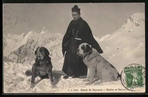 AK Grand St. Bernard, Maitre et Serviteurs, Mann mit zwei Bernhardinern im Winter