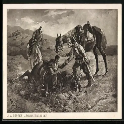 Künstler-AK J. v. Berres, Soldatentreue, Ulan hilft Kameranden