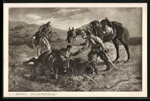 Künstler-AK J. v. Berres, Soldatentreue, Ulan hilft Kameranden