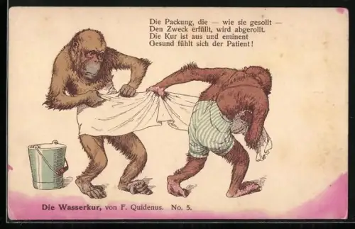 Künstler-AK Fritz Quidenus: Affen bei der Wasserkur