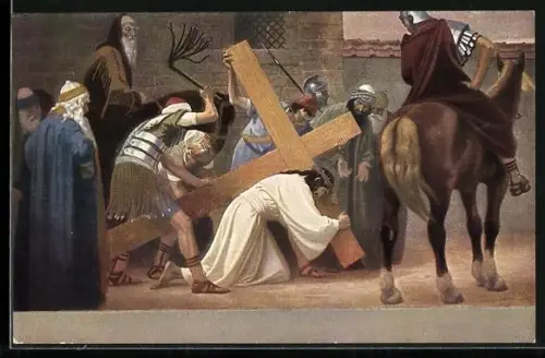 Künstler-AK Jesus mit Kreuz wird ausgepeitscht
