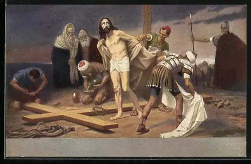 AK Serie: Kreuzwegstationen, Jesus wird für die Kreuzigung vorbereitet