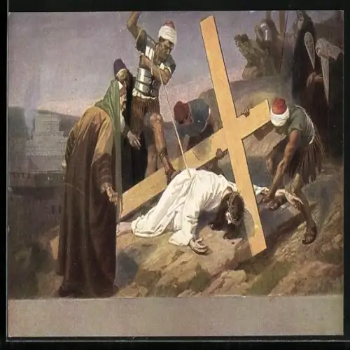 AK Serie: Kreuzwegstationen, Jesus bricht unter dem Kreuz zusammen