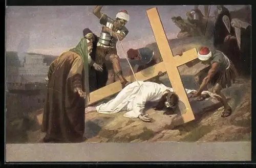 AK Serie: Kreuzwegstationen, Jesus bricht unter dem Kreuz zusammen