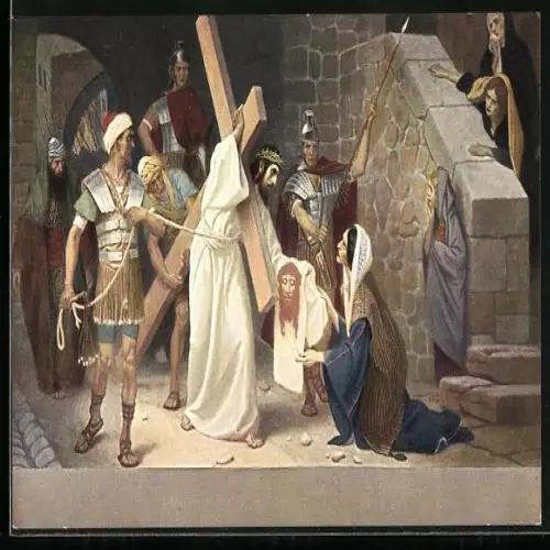 Künstler-AK Jesus mit Kreuz in Stadt
