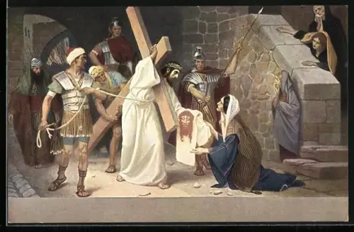 Künstler-AK Jesus mit Kreuz in Stadt
