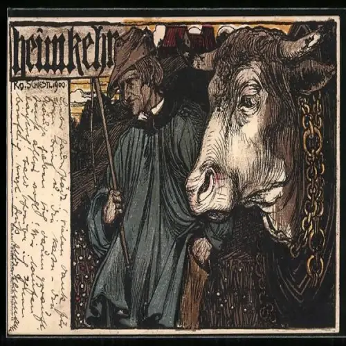 Künstler-AK Rudolf Schiestl, Bauer kehrt mit seinem Ochsen heim um 1900