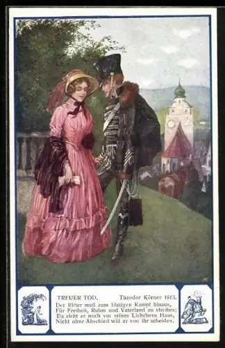AK Soldat verabschiedet sich von seiner Liebsten, Gedicht Treuer Tod von Theodor Körner