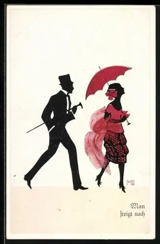 Künstler-AK Marte Graf: Stelldichein, Man steigt nach, Schattenbild Herr folgt einer Dame mit Schirm