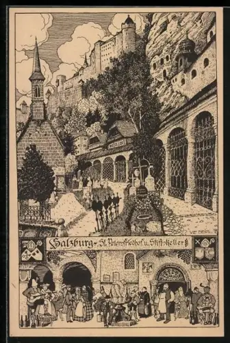 Künstler-AK Ulf Seidl: Salzburg, St. Petersfriedhof und der Stiftskeller