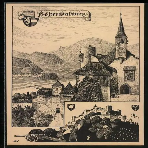 Künstler-AK Ulf Seidl: Salzburg, Festung Hohensalzburg, Wappen, Kanone