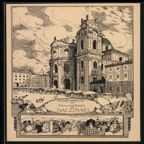 Künstler-AK Ulf Seidl: Salzburg, Studienkirche am Universitätsplatz, Frauen mit Schirm, Eule