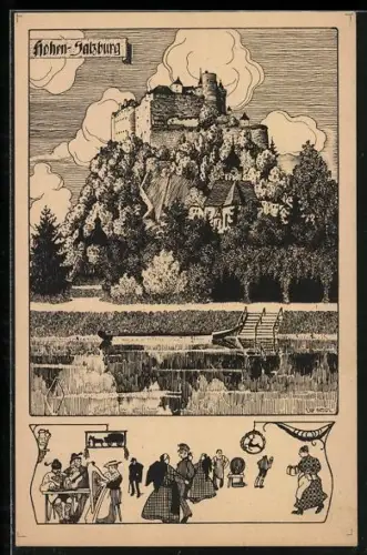 Künstler-AK Ulf Seidl: Salzburg, Blick nach Hohen-Salzburg