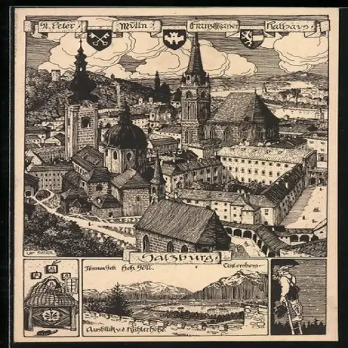 Künstler-AK Ulf Seidl: Salzburg, St. Peter, Mülln, Franziskaner und Rathaus, Ausblick von der Richterhöhe