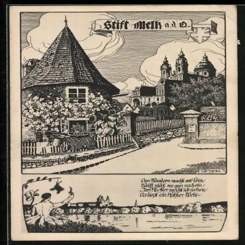 Künstler-AK Ulf Seidl: Stift Melk, Das Wandern macht mir Pein...