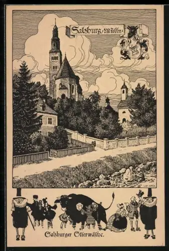 Künstler-AK Ulf Seidl: Salzburg-Mülln, Blick auf Kirche