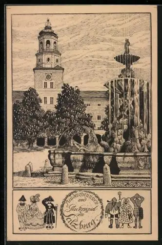 Künstler-AK Ulf Seidl: Salzburg, Residenzbrunnen am Glockenspiel