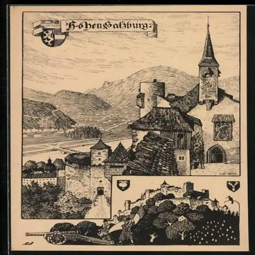 Künstler-AK Ulf Seidl: Salzburg, Festung Hohensalzburg, Wappen, Kanone