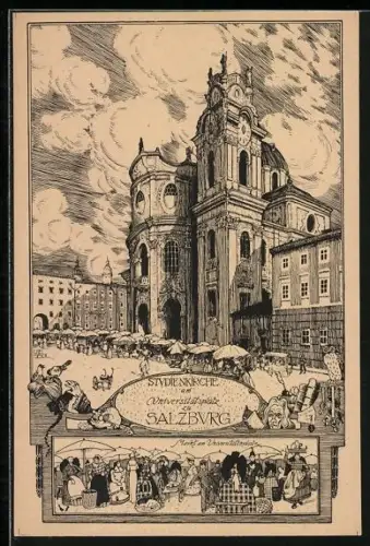 Künstler-AK Ulf Seidl: Salzburg, Studienkirche am Universitätsplatz, Frauen mit Schirm, Eule