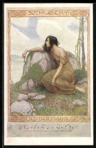 Künstler-AK Brüder Kohn (B.K.W.I) Nr. 979-1: Mädchen lehnt an einem Felsen und Vers des Schubertliedes Lied der Mignon