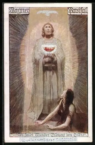 AK Richard Wagner: Parsival, erlösung dem Erlöser, Frau liegt Mann mit Kelch zu Füssen