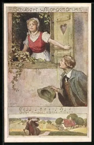 AK Franz Schubert Morgengruss, junge Magd grüsst den aufbrechenden Wanderer