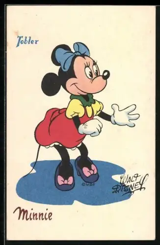 Künstler-AK Walt Disney's Minnie Maus / Mouse im roten Kleid