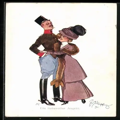 Künstler-AK Fritz Schönpflug: Soldat und elegante Dame mit Fuchspelz, Karikatur