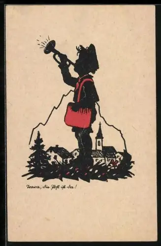 AK Schattenbild, Postbote mit einer Trompete