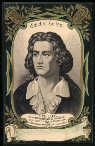 Lithographie Aussig a. d. Elbe, Georg Schicht Seifen- & Kerzenfabrik, Portrait von Schiller